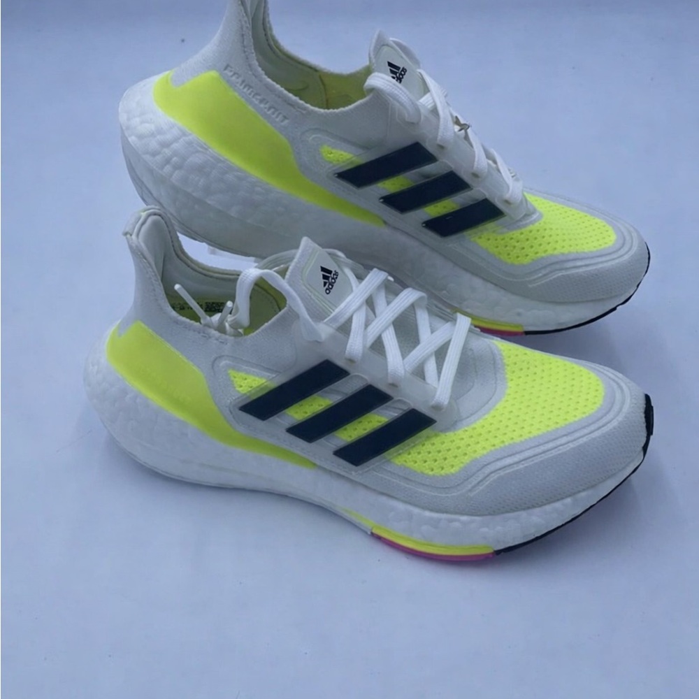 adidas Kids Neon Yellow White Running Sneakers with Black Stripes